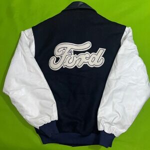 Modern VINTAGE Ford Thunderbird Club Varsity Jacket Navy Wool Leather Mens M